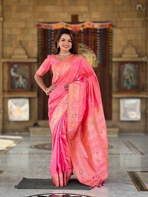Pink soft Silk Blend saree with zari weaving meenakari design 1