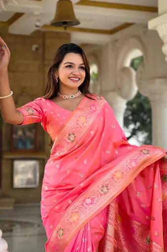Pink soft Silk Blend saree with zari weaving meenakari design