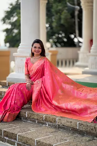 Pink soft Silk Blend saree with zari weaving meenakari design