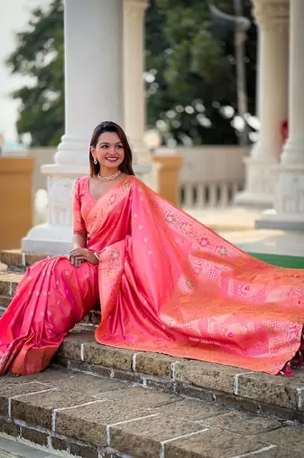 Pink soft Silk Blend saree with zari weaving meenakari design