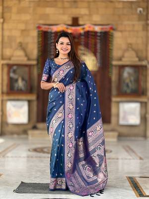 Blue soft Silk Blend saree with zari weaving meenakari design 1