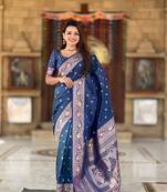 Blue soft Silk Blend saree with zari weaving meenakari design