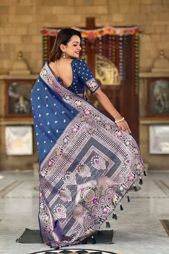 Blue soft Silk Blend saree with zari weaving meenakari design