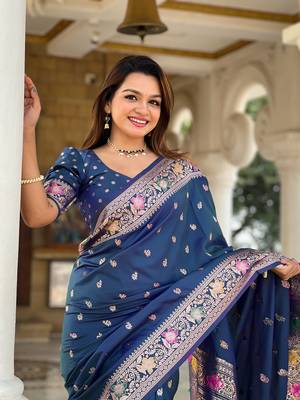 Blue soft Silk Blend saree with zari weaving meenakari design 3