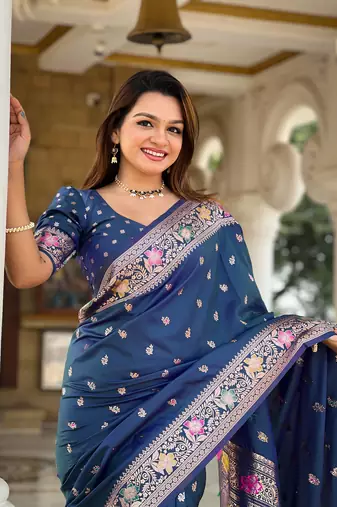 Blue soft Silk Blend saree with zari weaving meenakari design