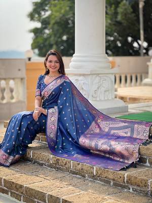 Blue soft Silk Blend saree with zari weaving meenakari design 4