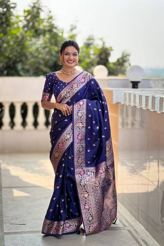 Navy blue soft Silk Blend saree with zari weaving meenakari design