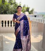 Navy blue soft Silk Blend saree with zari weaving meenakari design