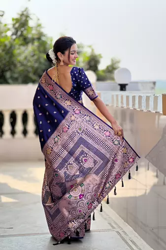 Navy blue soft Silk Blend saree with zari weaving meenakari design