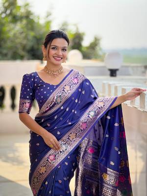 Navy blue soft Silk Blend saree with zari weaving meenakari design 4