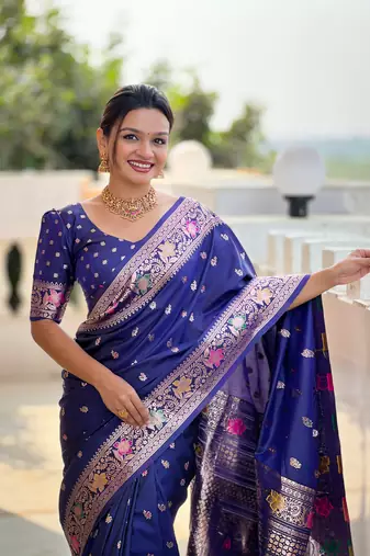 Navy blue soft Silk Blend saree with zari weaving meenakari design