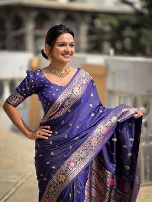 Navy blue soft Silk Blend saree with zari weaving meenakari design 5