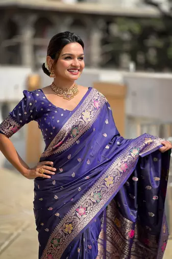 Navy blue soft Silk Blend saree with zari weaving meenakari design