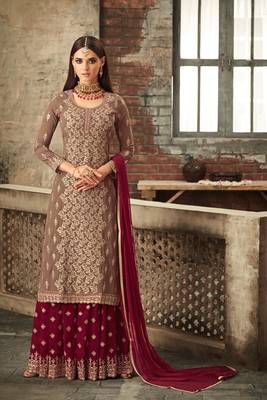 Fawn embroidered georgette semi stitched straight palazzo suit 1