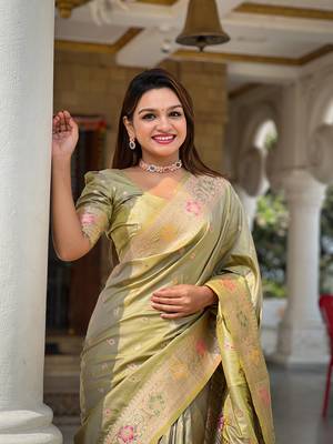Light green soft Silk Blend saree with zari weaving meenakari design 3