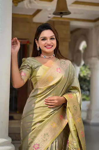 Light green soft Silk Blend saree with zari weaving meenakari design