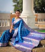 Sky blue soft Silk Blend saree with zari weaving meenakari design