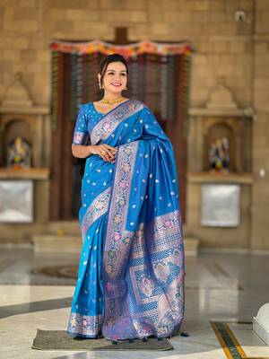 Sky blue soft Silk Blend saree with zari weaving meenakari design 2