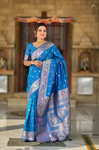 Sky blue soft Silk Blend saree with zari weaving meenakari design