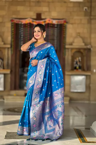Sky blue soft Silk Blend saree with zari weaving meenakari design