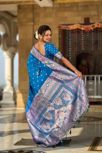Sky blue soft Silk Blend saree with zari weaving meenakari design