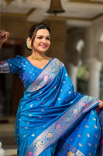 Sky blue soft Silk Blend saree with zari weaving meenakari design