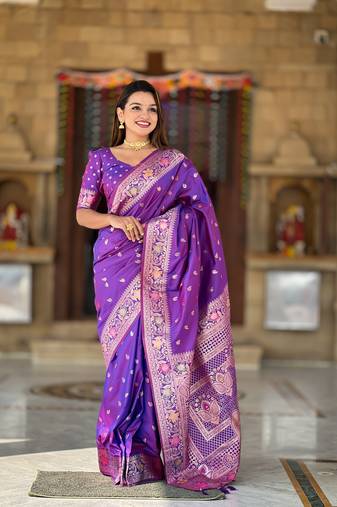 Violet soft Silk Blend saree with zari weaving meenakari design