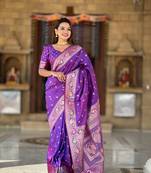 Violet soft Silk Blend saree with zari weaving meenakari design