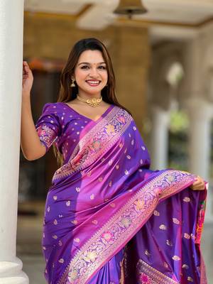 Violet soft Silk Blend saree with zari weaving meenakari design 2