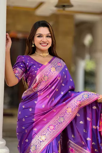 Violet soft Silk Blend saree with zari weaving meenakari design