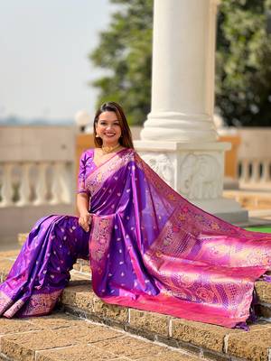 Violet soft Silk Blend saree with zari weaving meenakari design 4