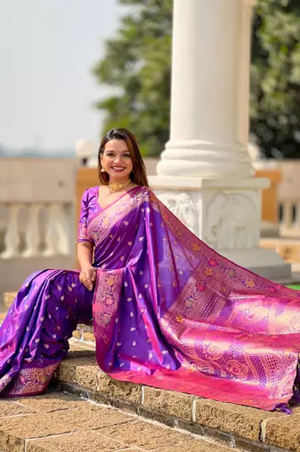 Violet soft Silk Blend saree with zari weaving meenakari design