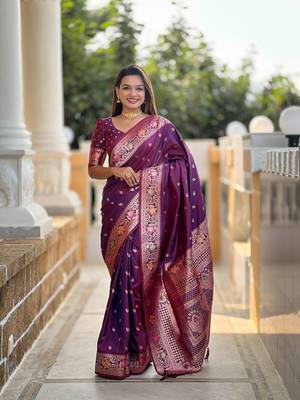 Wine soft banarasi silk saree with zari weaving meenakari design 1