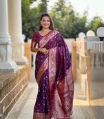 Wine soft banarasi silk saree with zari weaving meenakari design