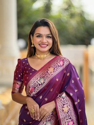 Wine soft banarasi silk saree with zari weaving meenakari design 2