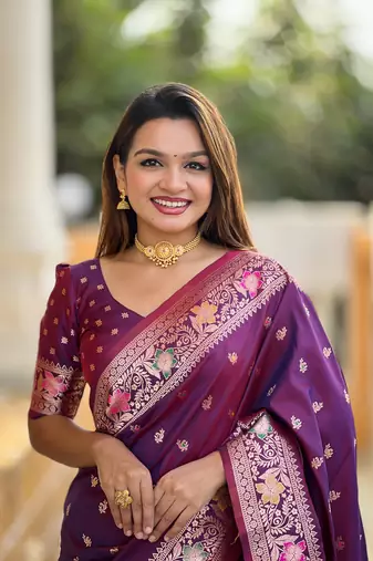 Wine soft banarasi silk saree with zari weaving meenakari design