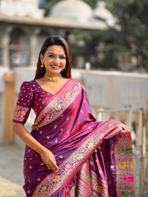 Wine soft banarasi silk saree with zari weaving meenakari design 3