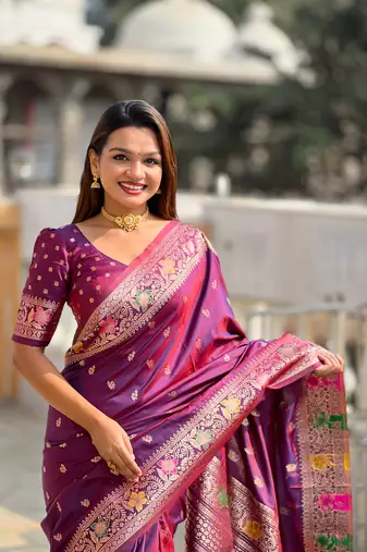 Wine soft banarasi silk saree with zari weaving meenakari design