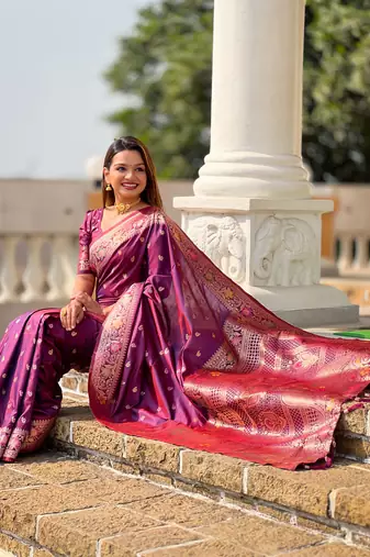 Wine soft banarasi silk saree with zari weaving meenakari design