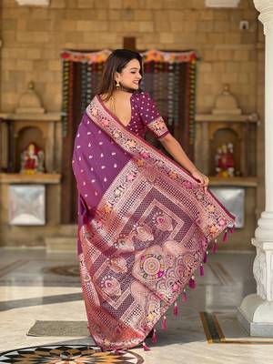Wine soft banarasi silk saree with zari weaving meenakari design 5