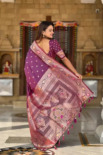 Wine soft banarasi silk saree with zari weaving meenakari design