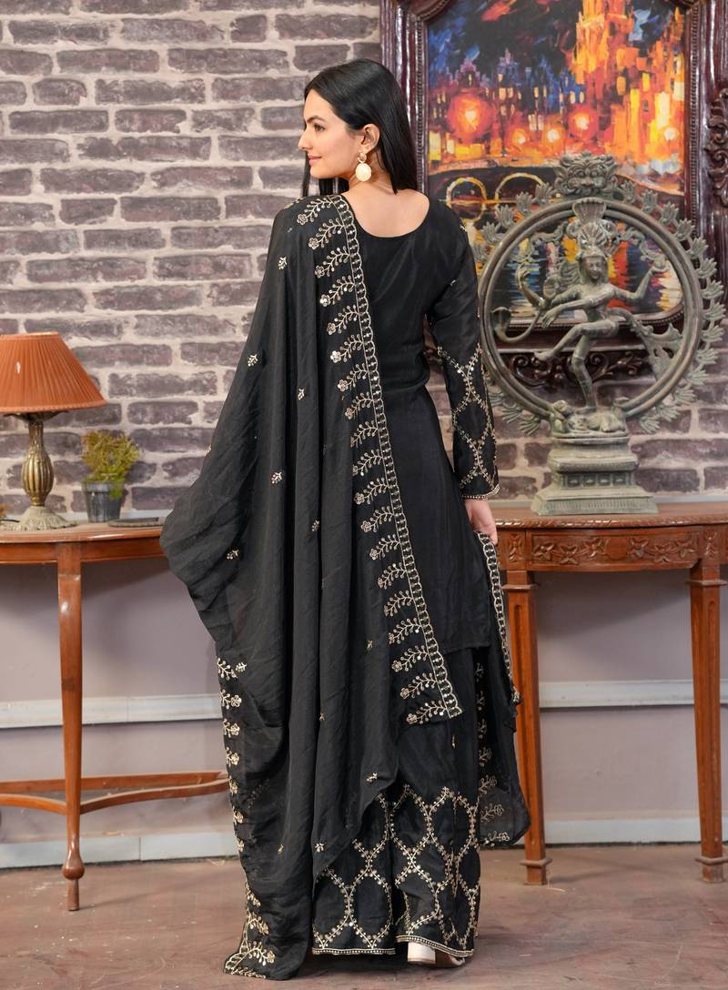 Heavy Chinon Suit With Sequence Embroidered Work