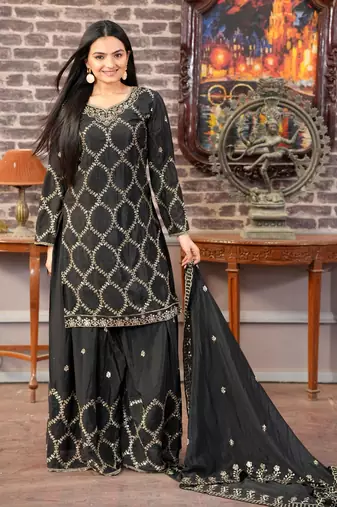 Heavy Chinon Suit With Sequence Embroidered Work