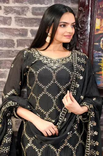 Heavy Chinon Suit With Sequence Embroidered Work