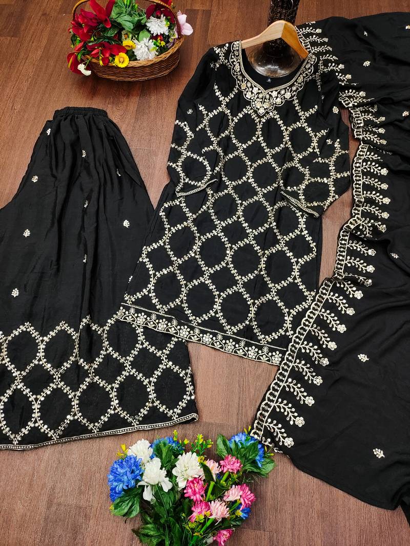 Heavy Chinon Suit With Sequence Embroidered Work