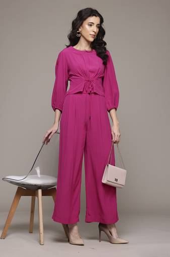 Fuchsia enora solid top with pant co-ord set by label ritu kumar