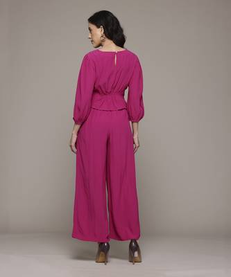Fuchsia enora solid top with pant co-ord set by label ritu kumar 2