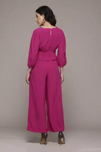 Fuchsia enora solid top with pant co-ord set by label ritu kumar