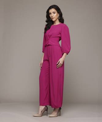 Fuchsia enora solid top with pant co-ord set by label ritu kumar 3