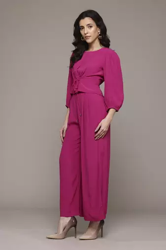 Fuchsia enora solid top with pant co-ord set by label ritu kumar
